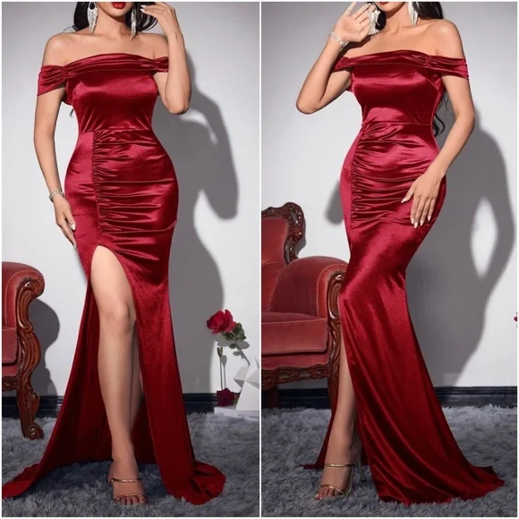 Luxurious Green Off Shoulder Slit thigh formal party evening wedding prom… - Picture 3 of 9